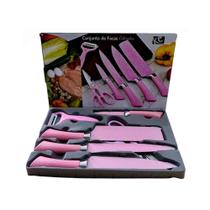 Conjunto Kit Jogo De Facas Tesoura Cozinha Churrasco Chef 6 Peças Inox Color Rosa KeHome