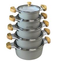 Conjunto Kit Jogo de Panelas 5 Peças Elisa Beje com Ceramica Antiaderente Branco Alumínio Batido Fundido Alça de Madeira