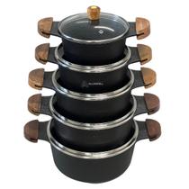 Conjunto Kit Jogo de Panelas 5 Peças Elisa Preta com Ceramica Antiaderente Preto Alumínio Batido Fundido Alça de Madeira
