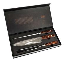 Conjunto Kit para Churrasco Mor 3 Peças Faca 8 polegadas , Chaira e Garfo em Inox Cabos de Madeira Afiação Facas Afiador