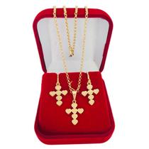Conjunto Kit Presente Brinco e Colar Cruz Corações Semijoia Folheada a Ouro 18k