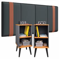 Conjunto Kit Quarto Cabeceira PARISE 1.40 BOX detalhe em Couro + 2 Mesas de Cabeceira c/ Prateleira