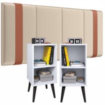 Conjunto Kit Quarto Cabeceira PARISE 1.40 BOX detalhe em Couro + 2 Mesas de Cabeceira c/ Prateleira