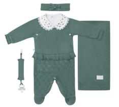 Conjunto Kit Saída Maternidade Menina Tricot Manta Macacão Prendedor Chupeta
