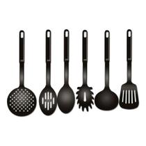 Conjunto Kit Utensilios Cozinha Nylon Colher Concha Escumadeira Espatula Pegadores Preto