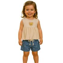 Conjunto Kukiê Bata Little E Short Bordado Bege Claro Verão Conjunto Kukiê Bata Little E Short Bordado Bege Claro Verão