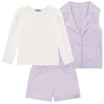 Conjunto Kukiê Blusa em Cotton, Colete e Shorts em Sarja- Lilás