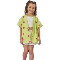 Conjunto Kukiê Cropped E Short E Kimono Verde Citrico Verão