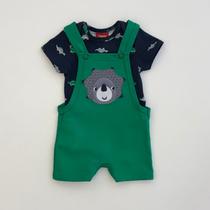 Conjunto Kyly Infantil Bebe Body Marinho Dinos e Jardineira Verde Verão Moda Kids 1001418