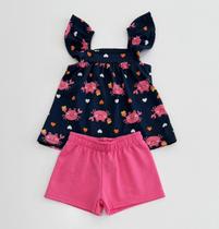 Conjunto Kyly Infantil Menina Bata Marinho e Shorts Rosa Verão Moda Kids