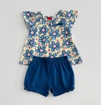 Conjunto Kyly Infantil Menina Blusa Flores E Shorts Moletom 2 Cores Verão Moda Kids
