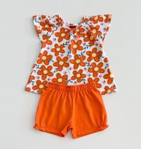 Conjunto Kyly Infantil Menina Blusa Flores E Shorts Moletom 2 Cores Verão Moda Kids