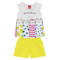 Conjunto Kyly Infantil Menina Blusa + Short Mangas Curtas Estampa De Gatinhos Estação Quente Conjunto Kyly Infantil Menina Blusa + Short Mangas Curtas Estampa De Gatinhos Estação Quente