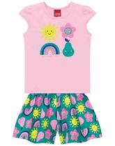 Conjunto Kyly Infantil Menina Blusa Short Mangas Curtas Estampa De Sol Flor Estação Quente Conjunto Kyly Infantil Menina Blusa Short Mangas Curtas Estampa De Sol Flor Estação Quente