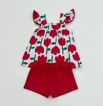 Conjunto Kyly Infantil Menina Blusinha Flores com Shorts Liso Conjunto Kyly Infantil Menina Blusinha Flores com Shorts Liso