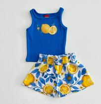 Conjunto Kyly Infantil Menina Cropped Azul E Shorts Limão Flores Verão Moda Kids Conjunto Kyly Infantil Menina Cropped Azul E Shorts Limão Flores Verão Moda Kids
