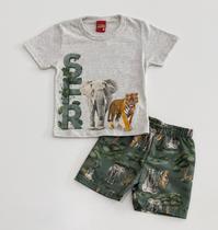 Conjunto Kyly Infantil Menino Camiseta Cinza e Bermuda Verde Safari Verão Moda Kids