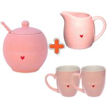 Conjunto L'amour Açucareiro 350ml, Leiteira 245ml e 2 Canecas 300ml em Porcelana Rosa