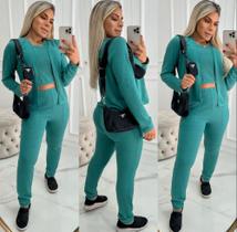 Conjunto lanzinha 3 peças casaco e cropped cavado calça jogger feminina novidade