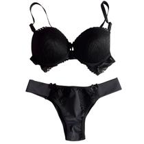 Conjunto Lara Lingerie de Microfibra e Renda Sutiã de Bojo Calcinha Fio Dental