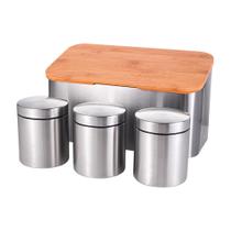 Conjunto Latas Inox Porta Pão Tampa Bambu 3 Potes Inox Mimo