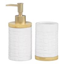 Conjunto Lavabo 2 Peças Bambu Dispenser Líquido Porta Escova