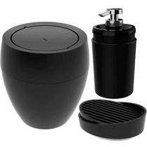 Conjunto Lavabo 3pc Lixeira 9l Saboneteira e Dispenser Preto Kit Banheiro Stone Crippa