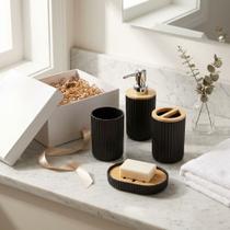 Conjunto Lavabo Bambu 4 Pecas Porta Escova Dente Sabonete Liquido Copo Suporte