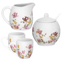 Conjunto Le Jardin Açucareiro, Leiteira e 2 Canecas em Porcelana 4 Peças