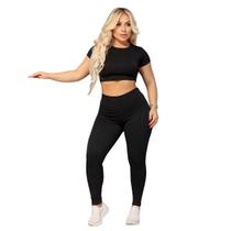Conjunto Legging e Cropd Manguinha Vih Triny Canelado Poliéster Moda Fitness Academia