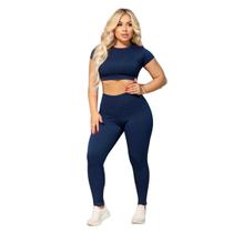 Conjunto Legging e Cropd Manguinha Vih Triny Canelado Poliéster Moda Fitness Academia