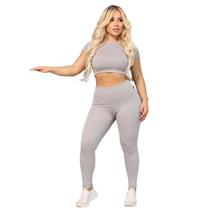 Conjunto Legging e Cropd Vih Triny Manguinha Canelado Poliéster Moda Fitness Academia Cinza