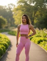Conjunto Legging E Top Academia Rosa Cintura Alta -