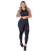 Conjunto Legging e top Fitness Recortes Poliamida Preto com Tela 1059 Lievi Conjunto Legging e top Fitness Recortes Poliamida Preto com Tela 1059 Lievi