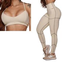 Conjunto Legging Empina Jacquar Canelado Baunilha+Top Moving