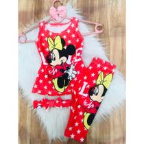 Conjunto Legging Menina Temático Minnie Vermelho +Laço de Cabelo
