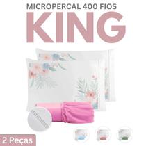 Conjunto Lençol King e Fronha Estampa Floral Micropercal 400 Fios Ponto Palito
