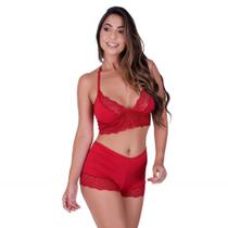 Conjunto Letícia Sem Bojo e Sem Arco com Caleçon em Renda de Poliamida e Tecido Cor:RubiTamanho:G