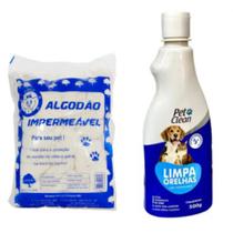 Conjunto Limpa Orelhas e Pacotão de Algodão Impermeável 500g para Banho e Tosa