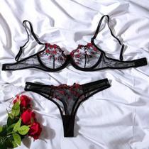 Conjunto Lingerie Bordado Floral Transparente ElaShopp