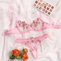 Conjunto Lingerie Bordado Floral Transparente ElaShopp