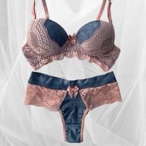 Conjunto Lingerie Calcinha e Sutiã com Bojo e Renda Jeans Conjunto Lingerie Calcinha e Sutiã com Bojo e Renda Jeans