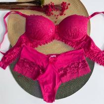 Conjunto Lingerie Calcinha e Sutiã com Bojo e Renda Rosa Pink Conjunto Lingerie Calcinha e Sutiã com Bojo e Renda Rosa Pink