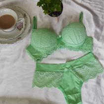 Conjunto Lingerie Calcinha e Sutiã com Bojo e Renda Verde Limão