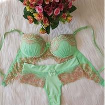 Conjunto Lingerie Calcinha e Sutiã com Bojo e Renda Verde Paradise