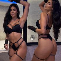 Conjunto Lingerie Cinta Liga e Luvas Sensual Sexy Com Renda Calcinha fio Com Bojo Strappy tiras