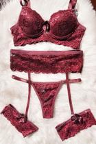 Conjunto lingerie cinta-liga em renda