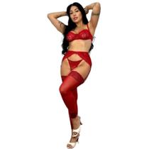 Conjunto Lingerie Cinta Liga Feminino De Renda Completo Meia Calça De Perna Fantasia Fio Dental