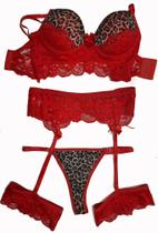 Conjunto lingerie cinta liga modelo onça