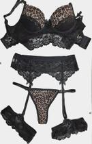 Conjunto lingerie cinta liga modelo onça